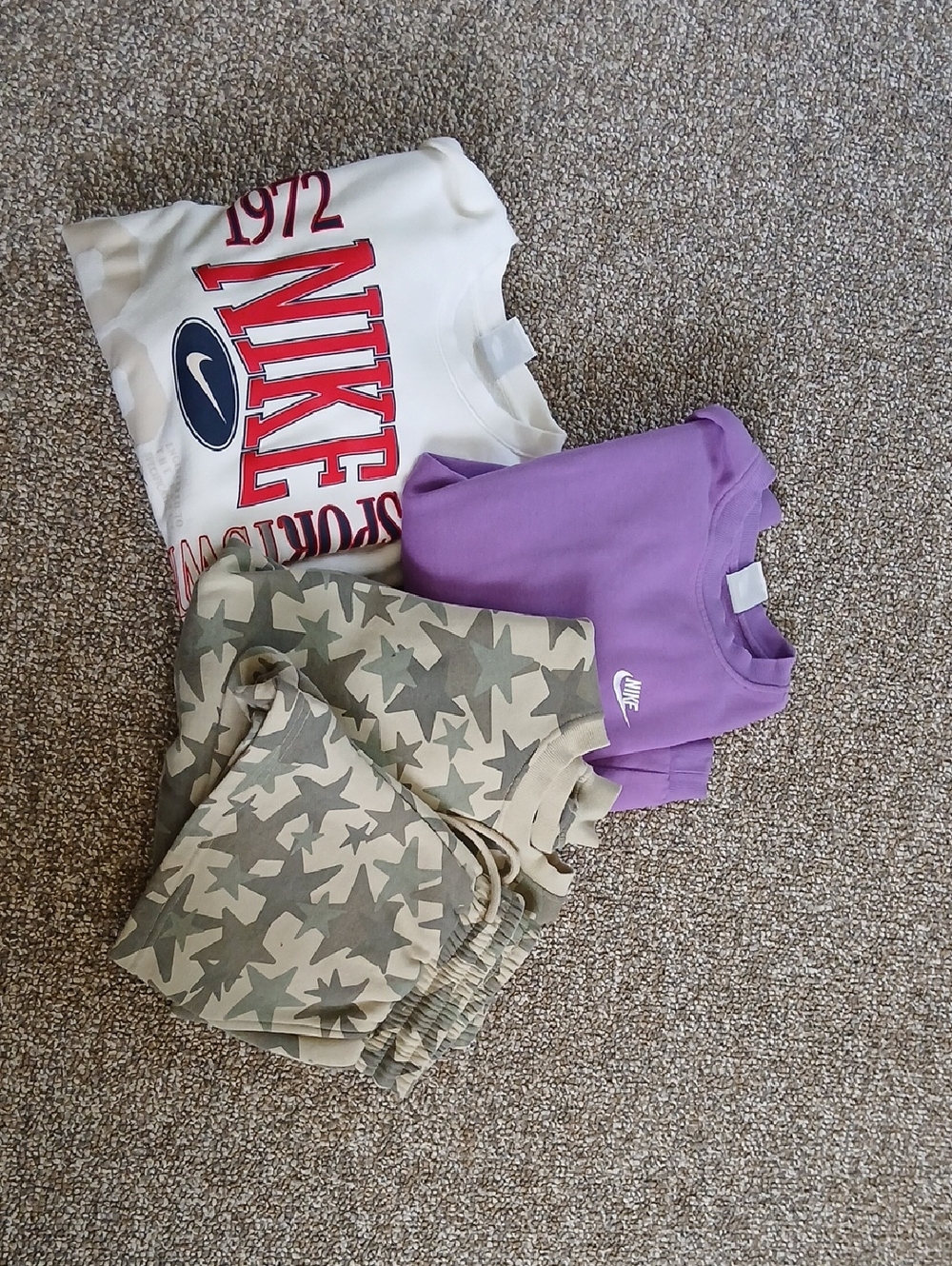Nike Purple & White Logo Sweatshirts with Tan Star Camo Pants